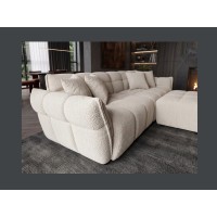 Zoom sur l'accoudoir du canapé de l'ensemble du canapé et pouf MOONI beige champagne