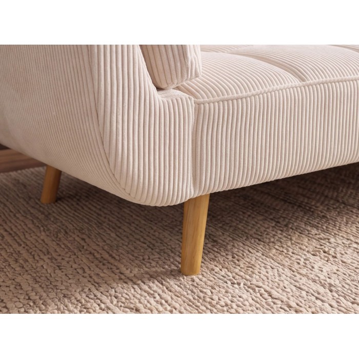 Zoom sur le bas du canapé 3 places NEVISI côtelé beige