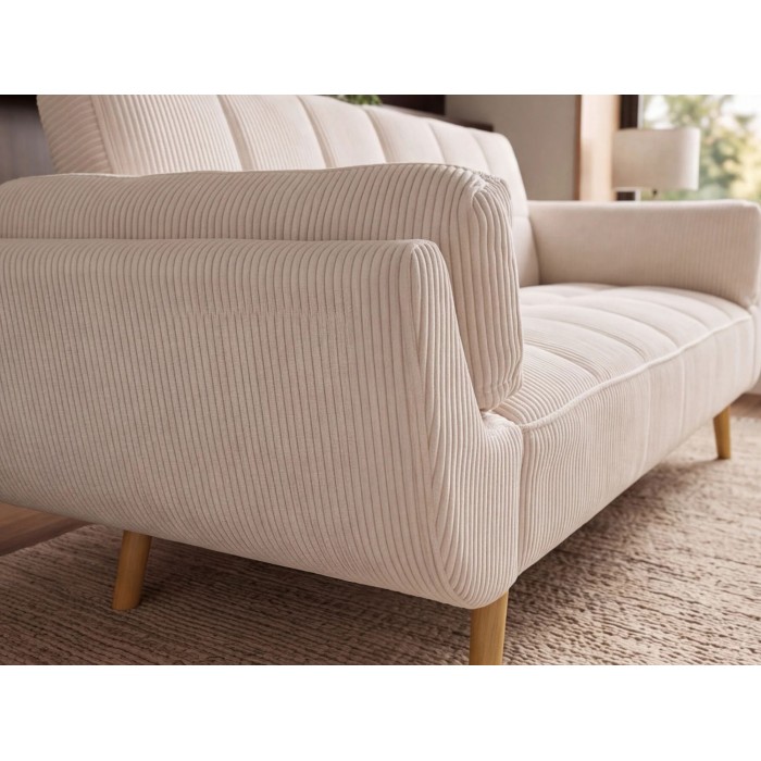 Canapé 3 places NEVISI côtelé beige vu de côté rapproché