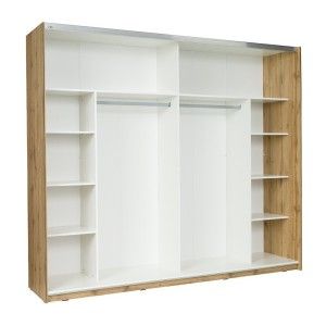 Chambre à coucher complète WOOD chêne et blanc. Lit + armoire + commode + 2 chevets