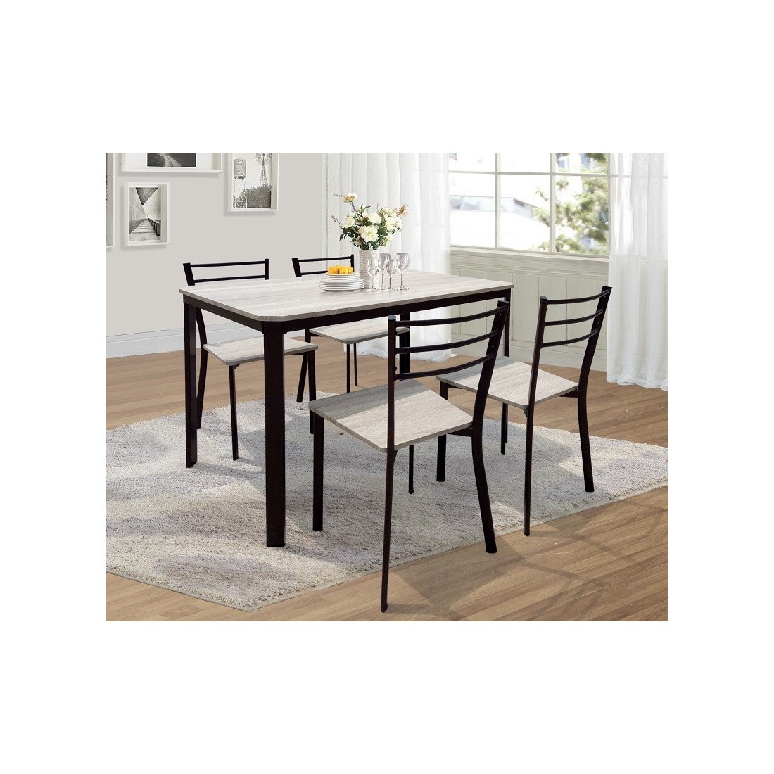 Table de cuisine et salle à manger + 4 chaises LEEDS. Ensemble repas design métal et bois.