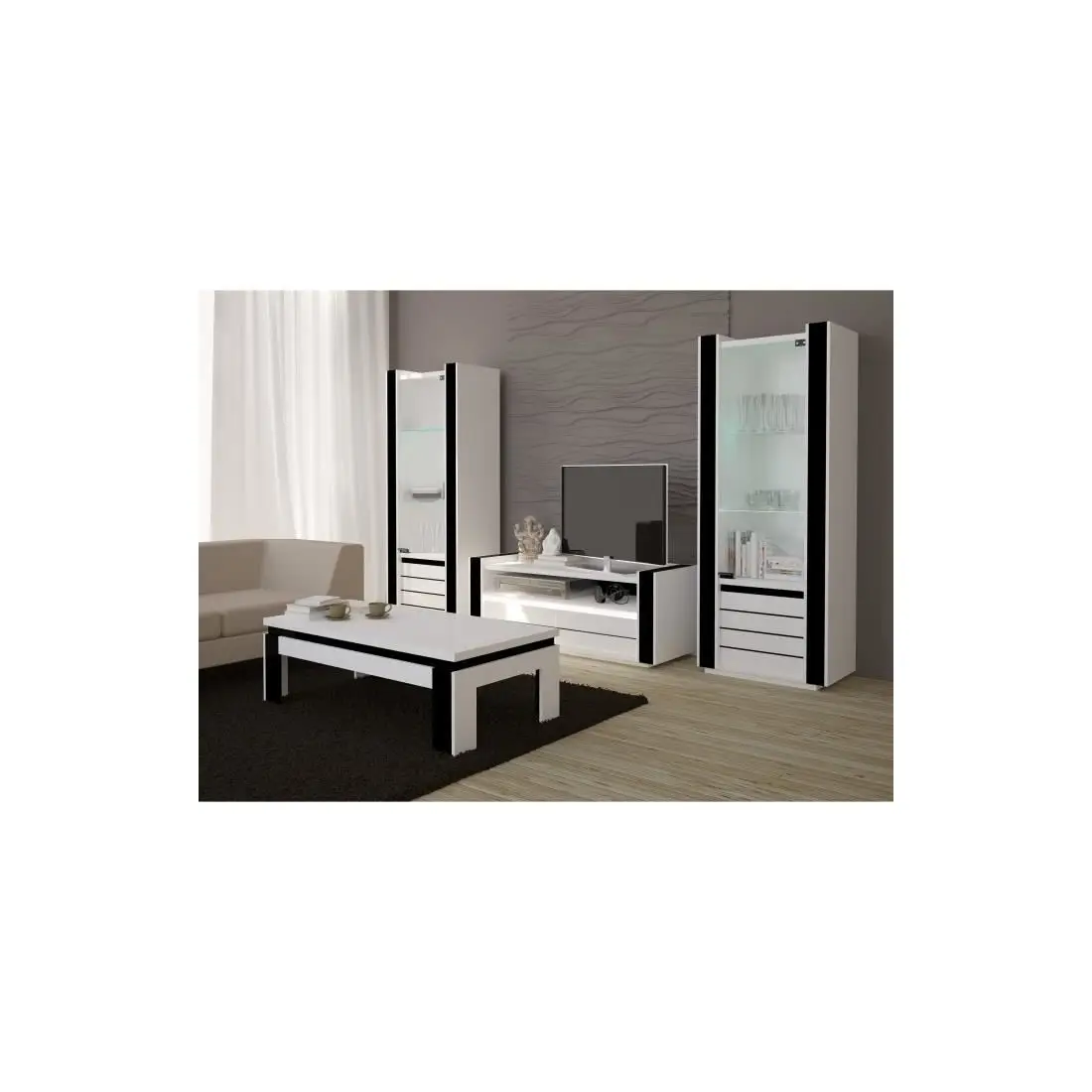 Ensemble meuble de salon LINA blanc et noir laqué.