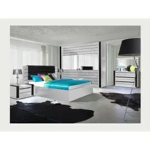 Ensemble design pour chambre à coucher LINA blanc. Lit + 2 chevets avec LED + commode avec LED.