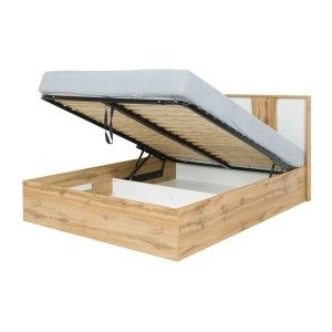 Lit coffre 160x200 adulte design WOOD avec deux chevets. Couleur chêne Wotan et blanc
