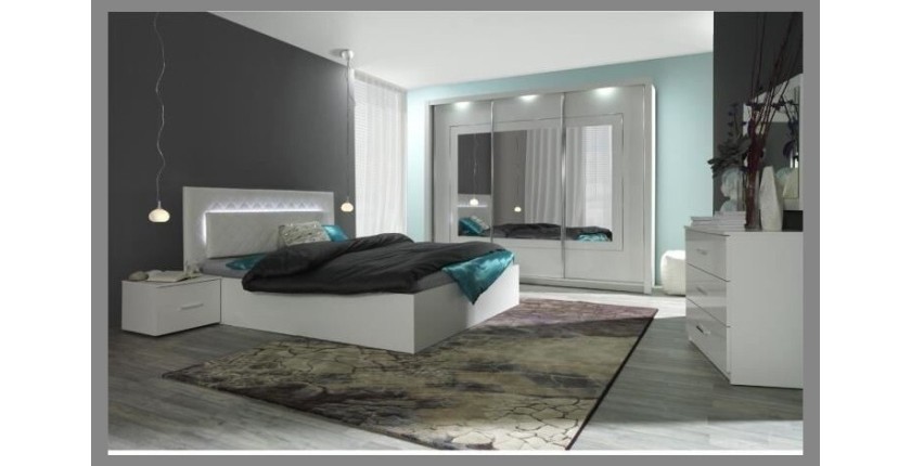 Lit design 160 x 200 avec LED + 2 chevets PANAREA couleur blanc.