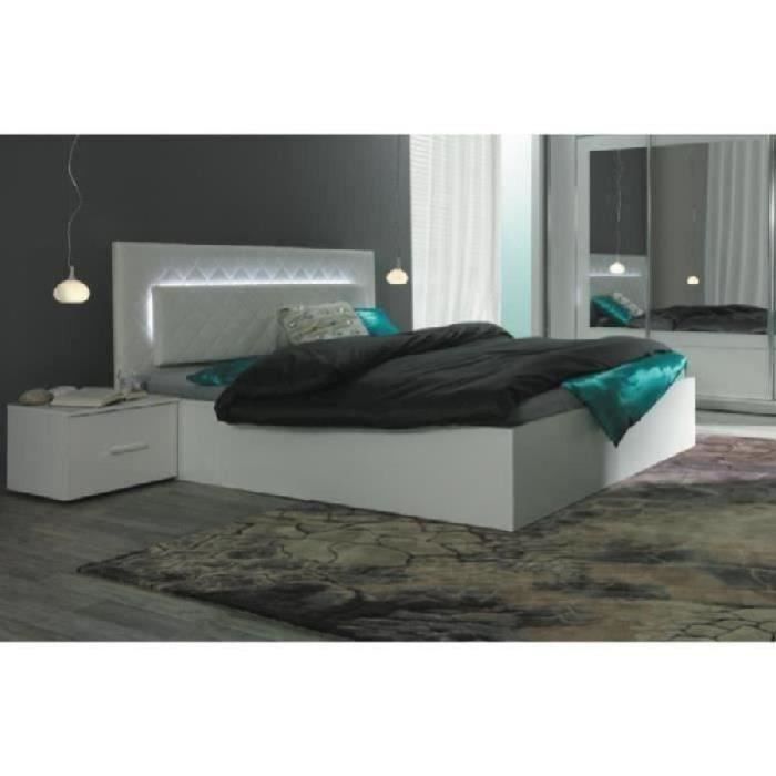 Lit design 160 x 200 avec LED + 2 chevets PANAREA couleur blanc.