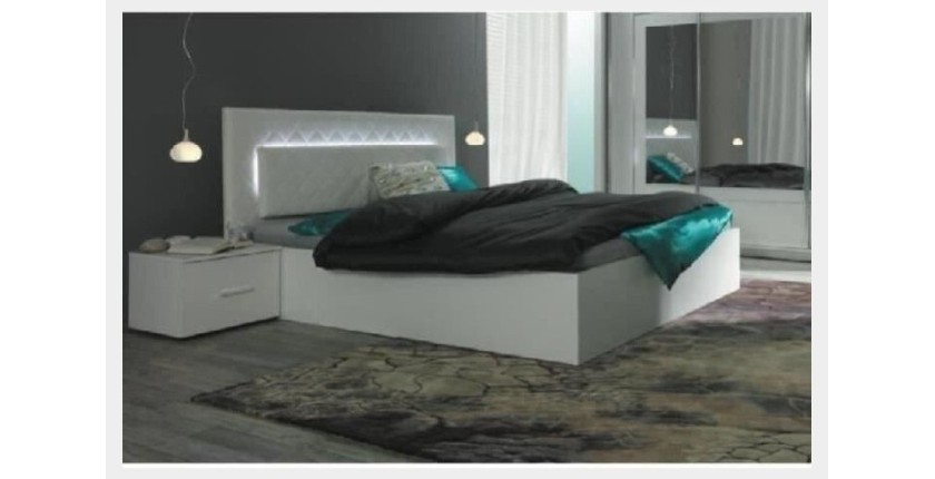 Lit design 160 x 200 avec LED + 2 chevets PANAREA couleur blanc.
