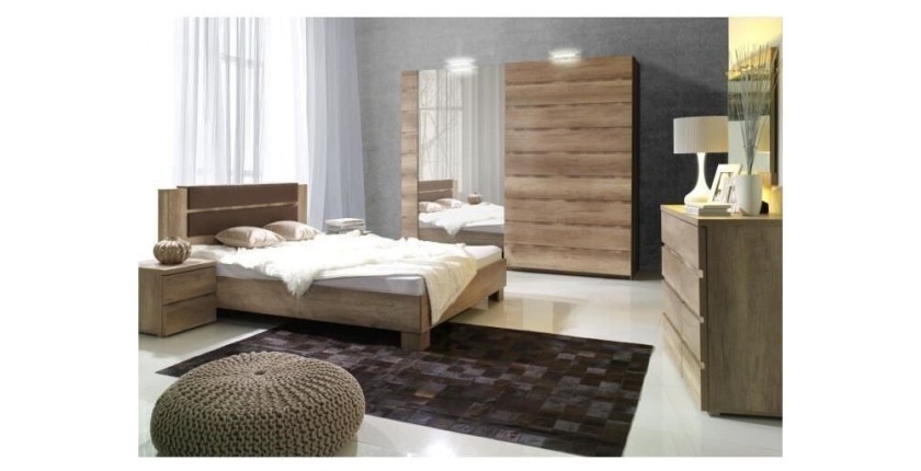 Conjunto de diseño para dormitorio ROMI. Cama con somier de 160x200 cm, dos mesitas de noche y cómoda.