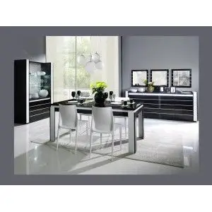 Salle à manger complète LINA noire et blanche. Table 160 cm + Buffet + 3 x Miroirs + Vaisselier (led)