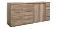 Ensemble ROMI pour salle à manger coloris chêne dab canyon. Buffet, vitrine, miroirs, table 180 cm