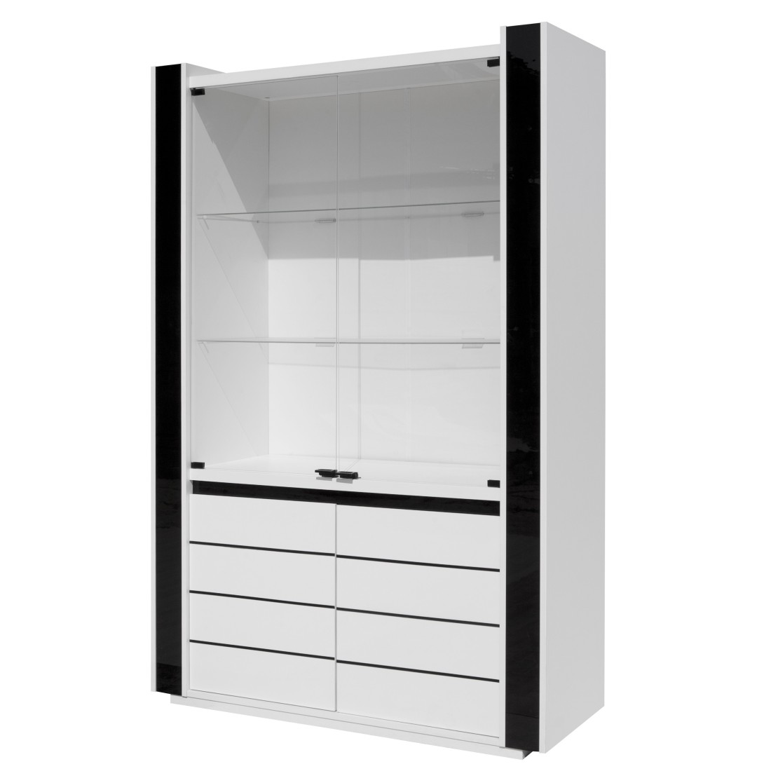 Vitrine argentier vaisselier LINA + LED coloris blanc et noir brillant. Meuble design pour votre salon ou salle à manger.
