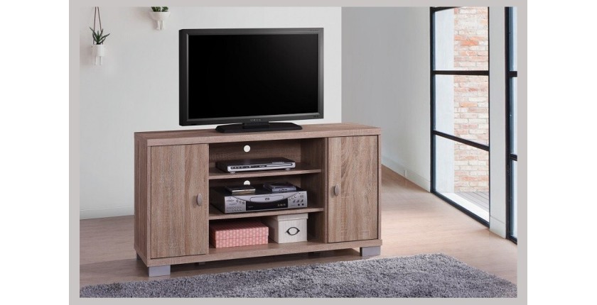 Meuble TV BELEK 120 cm à 2 portes et 3 niches coloris Sonoma.