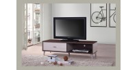 Meuble TV BODRUM 120 cm avec une porte coulissante coloris noyer et blanc.