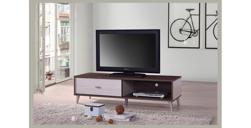 Meuble TV BODRUM 120 cm avec une porte coulissante coloris noyer et blanc.