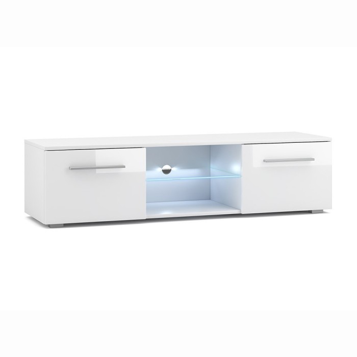 Meuble TV design LEON 140 cm. 2 portes et niche coloris blanc + led