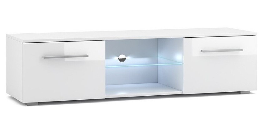 Meuble TV design LEON 140 cm. 2 portes et niche coloris blanc + led