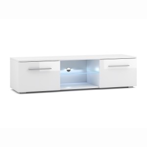 Meuble TV design LEON 140 cm. 2 portes et niche coloris blanc + led