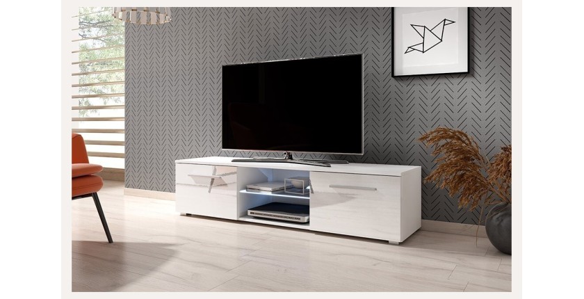 Meuble TV design LEON 140 cm. 2 portes et niche coloris blanc + led