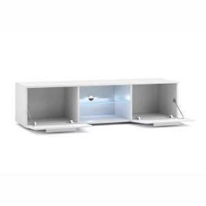 Meuble TV design LEON 140 cm. 2 portes et niche coloris blanc + led