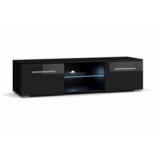 Meuble TV design LEON 140 cm. 2 portes et niche coloris noir + LED