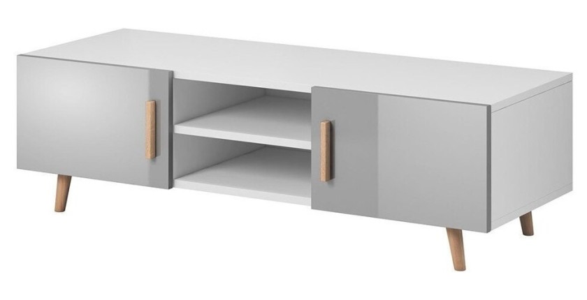 Meuble TV design EDEN II 140 cm, 2 portes et 2 niches, coloris blanc et gris. Type scandinave.