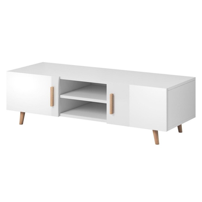 Meuble TV design EDEN II 140 cm, 2 portes et 2 niches, coloris blanc. Type scandinave.