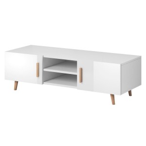 Meuble TV design EDEN II 140 cm, 2 portes et 2 niches, coloris blanc. Type scandinave.
