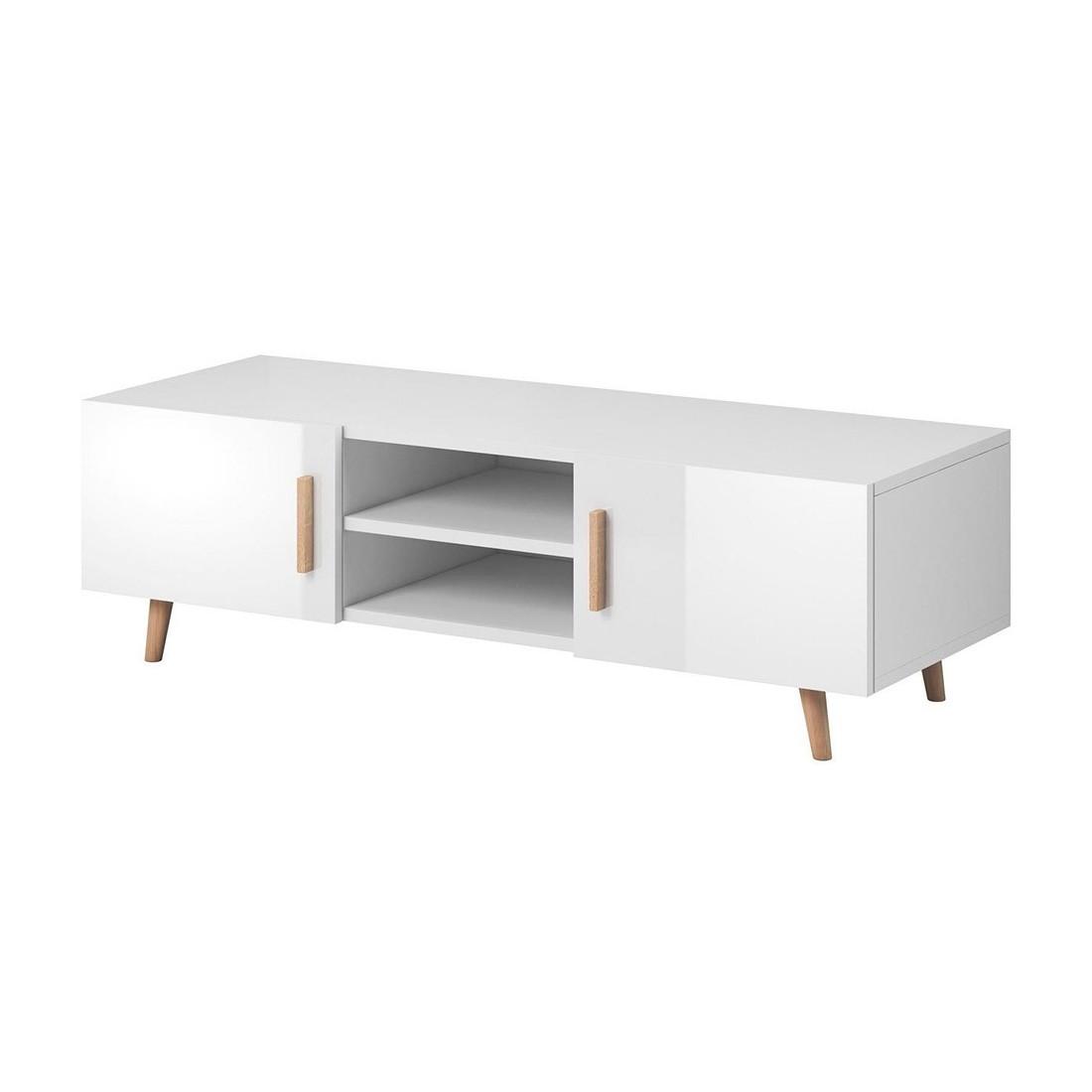 Meuble TV design EDEN II 140 cm, 2 portes et 2 niches, coloris blanc. Type scandinave.