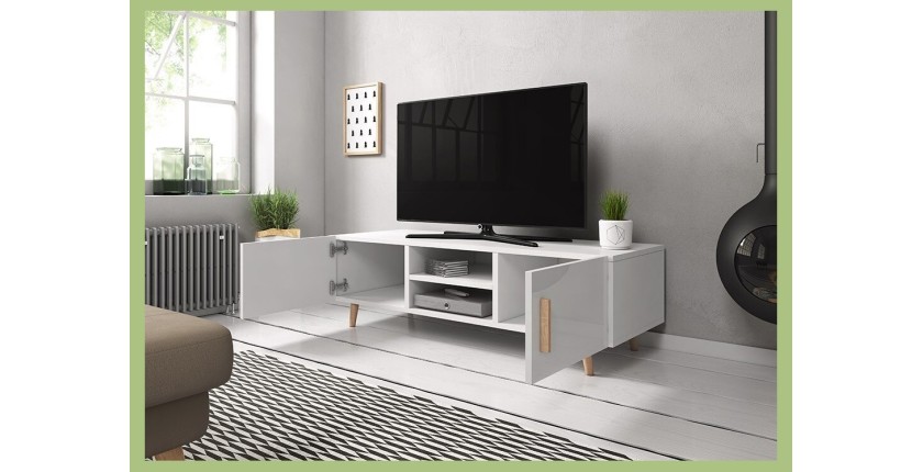 Meuble TV design EDEN II 140 cm, 2 portes et 2 niches, coloris blanc. Type scandinave.
