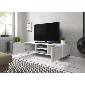 Meuble TV design EDEN II 140 cm, 2 portes et 2 niches, coloris blanc. Type scandinave.