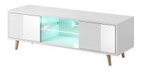 Meuble TV design EDEN 140 cm, 2 portes et 2 niches, coloris blanc + LED. Type scandinave.