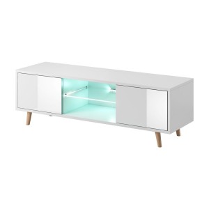Meuble TV design EDEN 140 cm, 2 portes et 2 niches, coloris blanc + LED. Type scandinave.