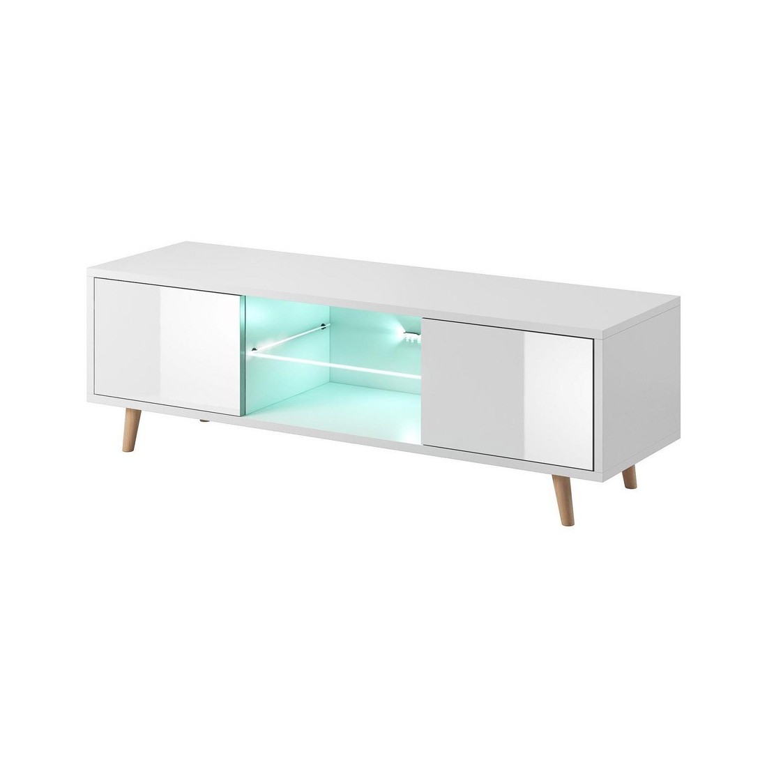 Meuble TV design EDEN 140 cm, 2 portes et 2 niches, coloris blanc + LED. Type scandinave.