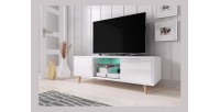 Meuble TV design EDEN 140 cm, 2 portes et 2 niches, coloris blanc + LED. Type scandinave.