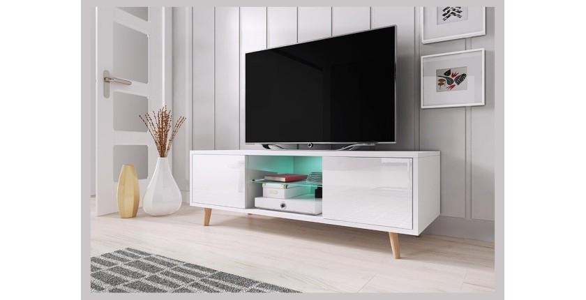 Meuble TV design EDEN 140 cm, 2 portes et 2 niches, coloris blanc + LED. Type scandinave.