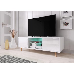 Meuble TV design EDEN 140 cm, 2 portes et 2 niches, coloris blanc + LED. Type scandinave.