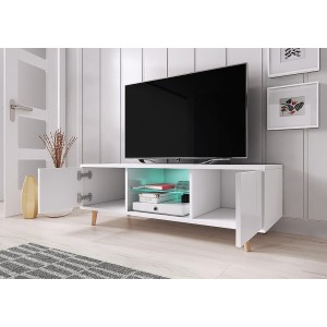 Meuble TV design EDEN 140 cm, 2 portes et 2 niches, coloris blanc + LED. Type scandinave.