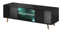 Meuble TV design EDEN 140 cm, 2 portes et 2 niches, coloris noir + LED. Type scandinave.