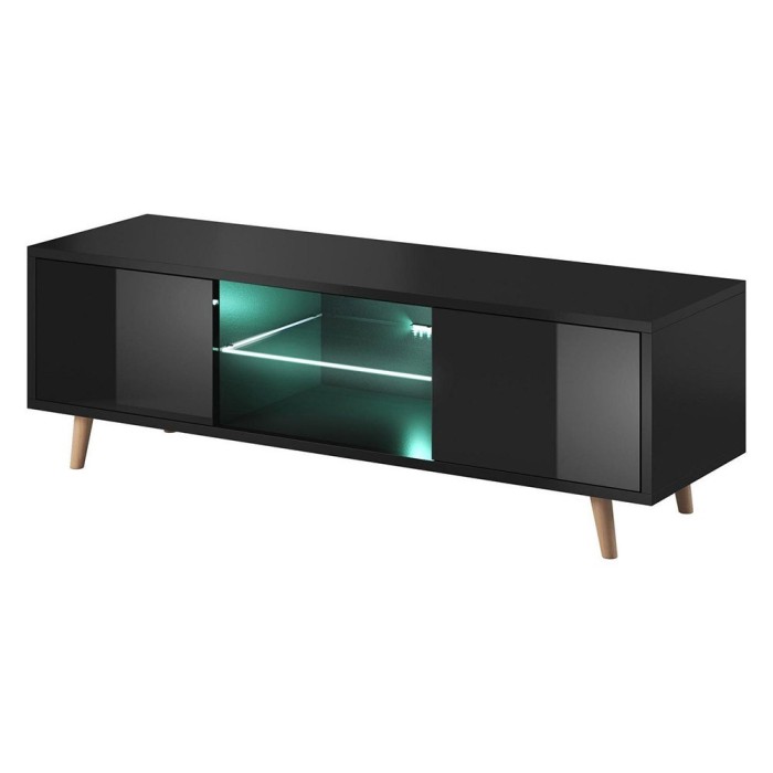 Meuble TV design EDEN 140 cm, 2 portes et 2 niches, coloris noir + LED. Type scandinave.