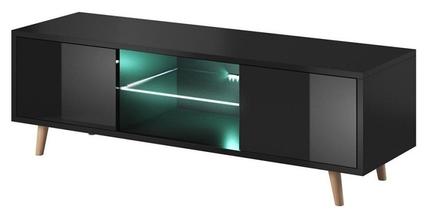 Meuble TV design EDEN 140 cm, 2 portes et 2 niches, coloris noir + LED. Type scandinave.