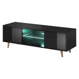 Meuble TV design EDEN 140 cm, 2 portes et 2 niches, coloris noir + LED. Type scandinave.