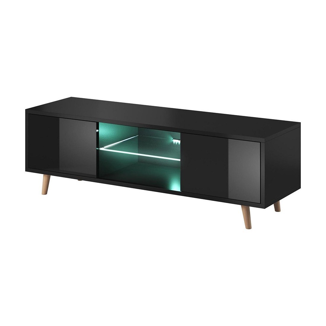 Meuble TV design EDEN 140 cm, 2 portes et 2 niches, coloris noir + LED. Type scandinave.