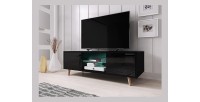 Meuble TV design EDEN 140 cm, 2 portes et 2 niches, coloris noir + LED. Type scandinave.