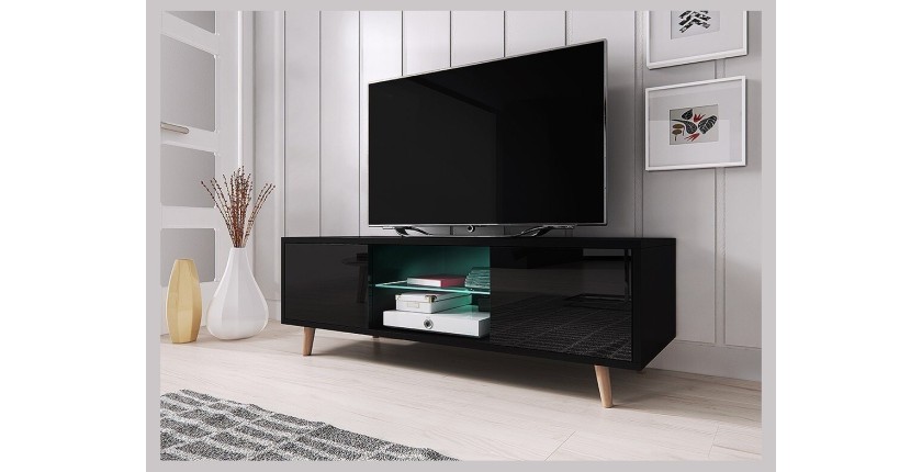 Meuble TV design EDEN 140 cm, 2 portes et 2 niches, coloris noir + LED. Type scandinave.