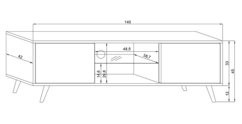 Meuble TV design EDEN 140 cm, 2 portes et 2 niches, coloris noir + LED. Type scandinave.