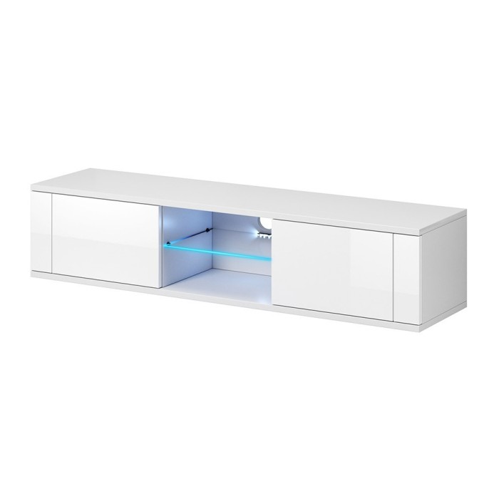 Meuble TV design PARIS-HIT 140 cm, 2 portes et 2 niches, coloris blanc + LED