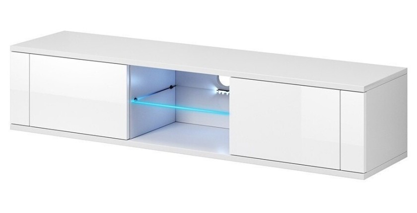 Meuble TV design PARIS-HIT 140 cm, 2 portes et 2 niches, coloris blanc + LED