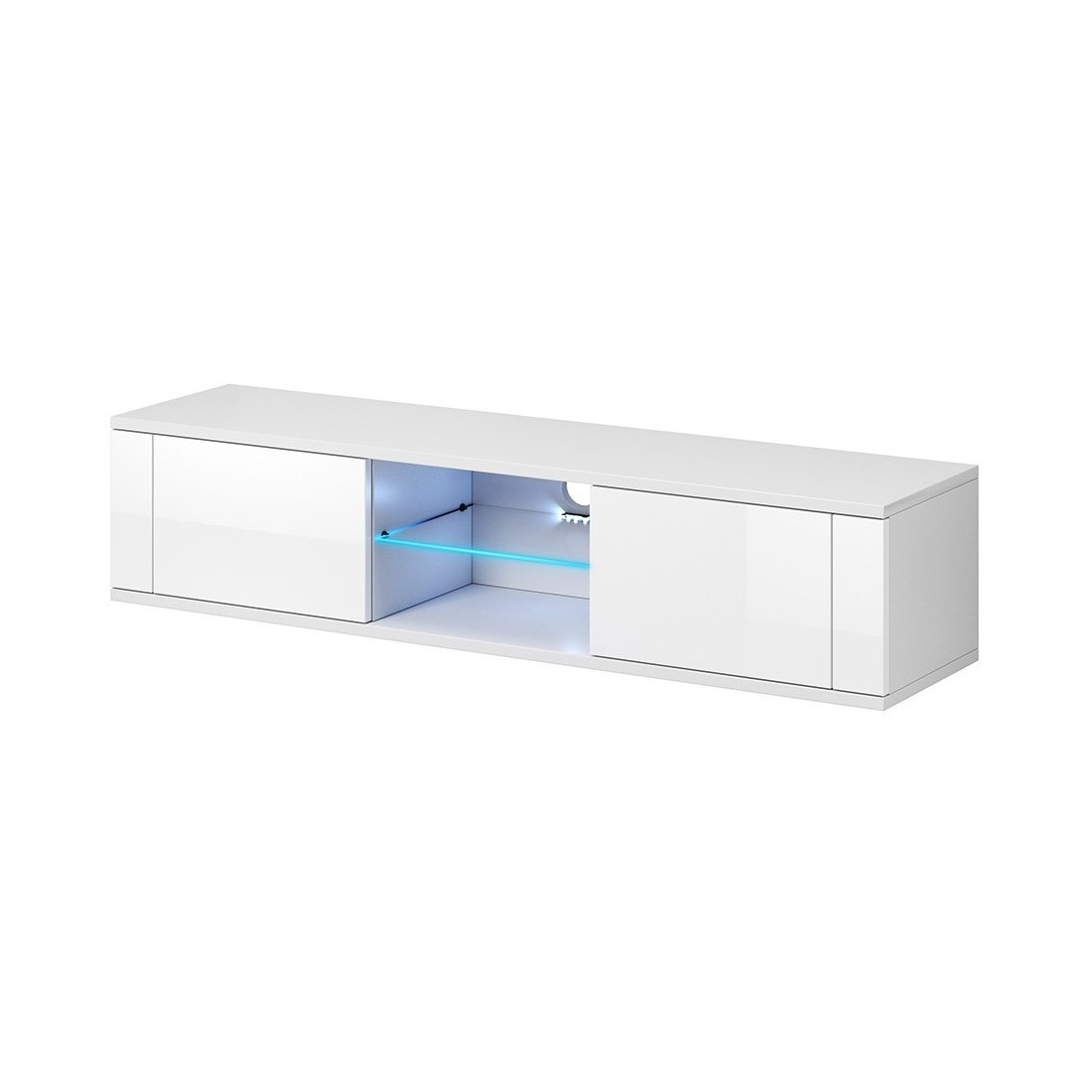 Meuble TV design PARIS-HIT 140 cm, 2 portes et 2 niches, coloris blanc + LED