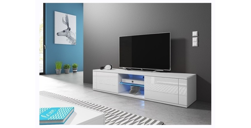 Meuble TV design PARIS-HIT 140 cm, 2 portes et 2 niches, coloris blanc + LED