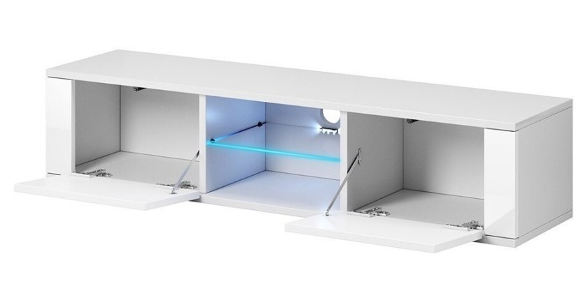 Meuble TV design PARIS-HIT 140 cm, 2 portes et 2 niches, coloris blanc + LED